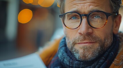 Serious Man in Glasses and Scarf Staring at Camera