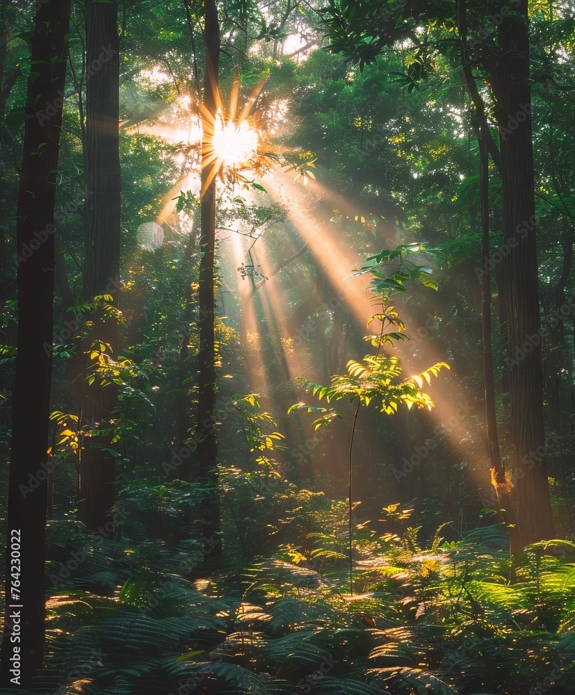 Poster the rays of the sun penetrate through the crowns of trees in the forest, creating a magical atmosphe