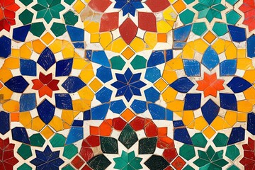 A detailed view of a vibrant and diverse tile wall displaying an array of vivid colors and patterns, Hand-drawn pattern of Islamic geometric art, AI Generated