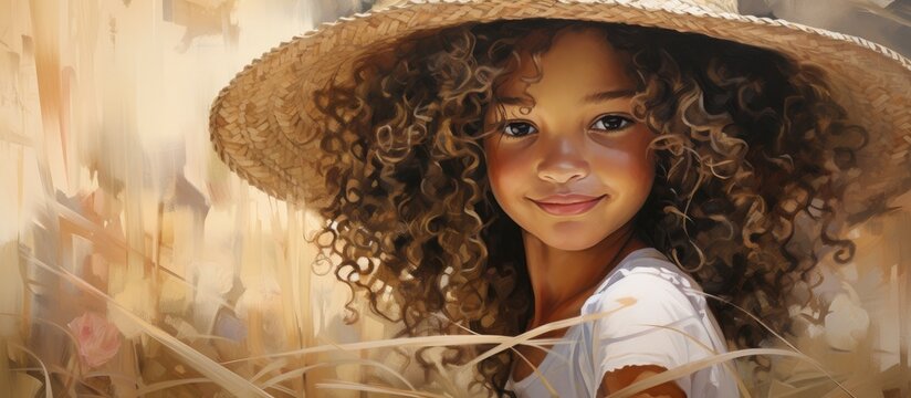 A painting featuring a young girl with voluminous curly hair wearing a stylish straw hat.