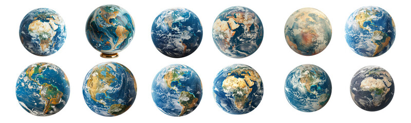 Various Earth globes showcasing continents in high detail, cut out transparent