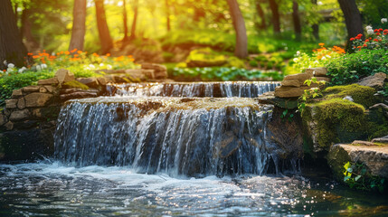 Tranquil forest waterfall with spring flowers and lush greenery