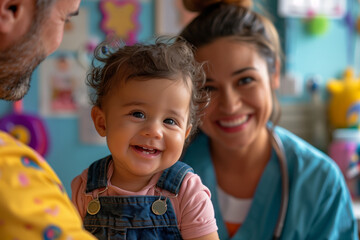 Obraz premium Happy toddler with parents in playroom