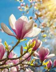  Blooming magnolia tree in the spring sun rays. Selective focus