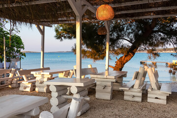 Luxury seaview restaurant on idyllic beach in coastal town Medulin, Istria peninsula, Croatia,...