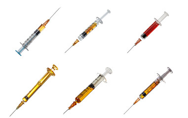Assorted medical syringes with various substances, cut out transparent