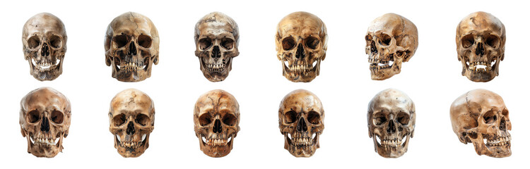 Human skulls in various angles, cut out transparent