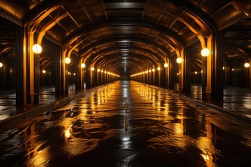 Dark tunnel with yellow lights hallway Generative AI