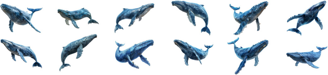 Blue humpback whales in various poses, cut out transparent - obrazy, fototapety, plakaty