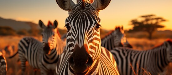 Zebra herd on safari in the grassland at sunset - obrazy, fototapety, plakaty