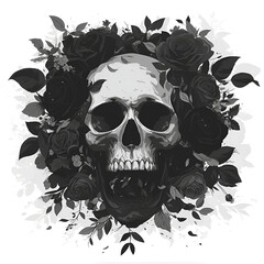 Cartoon male skull surrounded by roses