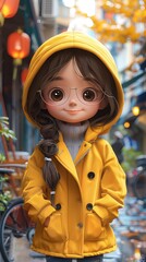 A toy figurine of a girl with large expressive eyes.
Concept: toy store windows, visual merchandising. children's fashion and accessories.