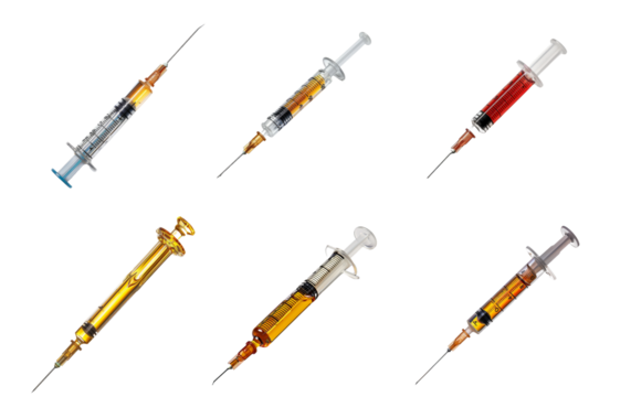 Assorted medical syringes with various substances, cut out transparent - Powered by Adobe