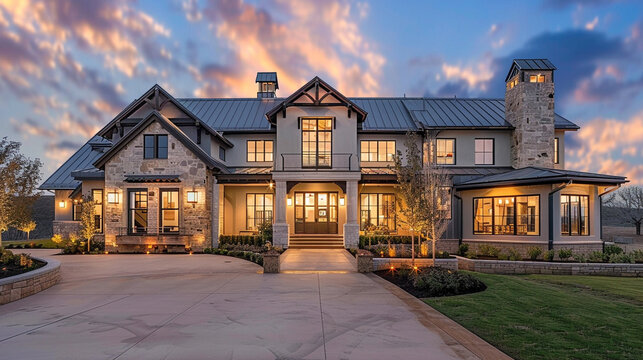 The modern farmhouse luxury home exterior stands out against the twilight sky, a beacon of elegance in the evening. --ar 16:9 --v 6.0 - Image #3 @Zubi