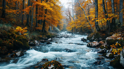 Serene autumn river flowing through a vibrant forest with golden foliage