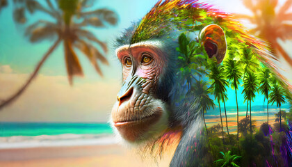Pavian, affe, strand, meer, palmen, Doppelbelichtung, y2k, bunt, hintergrund, close up, neu, modern, tier, tropisch