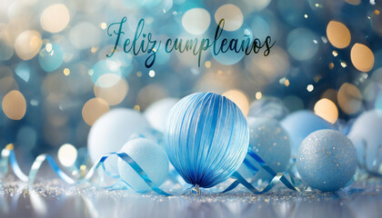 Ilustración de una tarjeta para desear un feliz cumpleaños representada por bolas y cintas azules sobre un fondo con círculos de varios colores en efecto bokeh