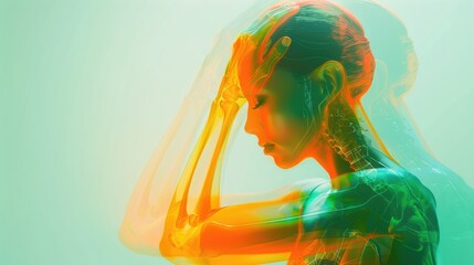 A woman's head is shown in a distorted way, with her hands on her head