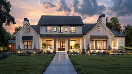 The modern farmhouse luxury home exterior glimmers in twilight, a vision of contemporary elegance...
