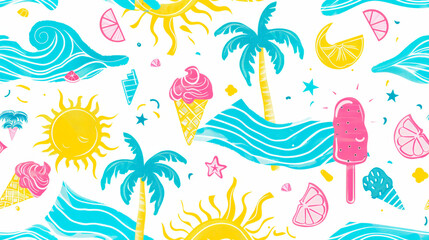 Ice cream, sun, and palm trees in a cohesive pattern, creating a summery and tropical vibe. Trefoil holiday summer. Gift wrapping. Seamless pattern