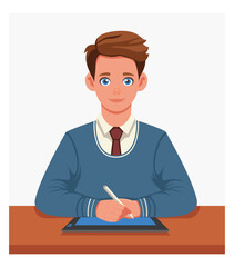 A student sits at a desk studying to be a graphic designer using a graphics tablet. Artist drawing on touch screen. Vector. Cartoon concept of studying, working, practicing and getting a profession
