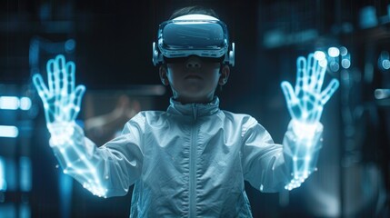 A child is immersed in a virtual reality experience with illuminated gloves and headset