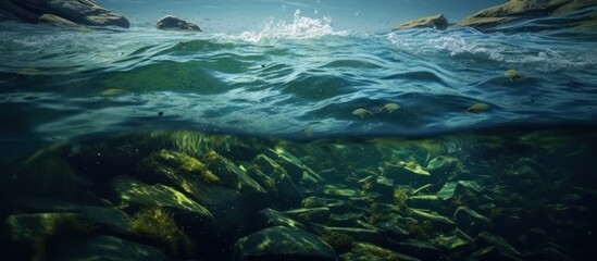 Fototapeta na wymiar Waves of seaweed lazily appeared in the blue ocean water currents