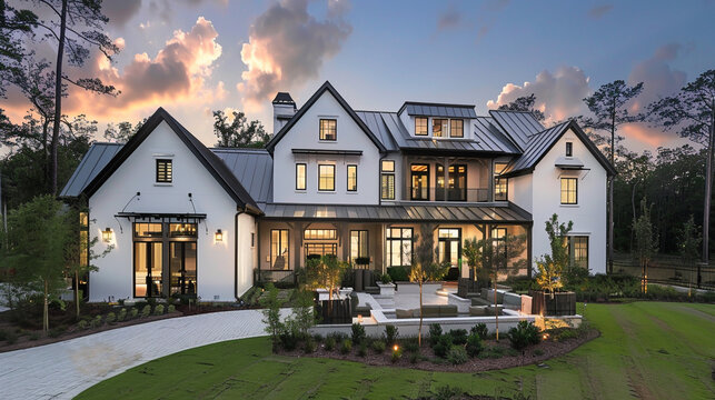The modern farmhouse luxury home exterior comes alive at twilight, offering a glimpse of refined living amidst nature's beauty. --ar 16:9 --v 6.0 - Image #2 @Zubi