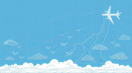landscape with airplanes flying in the sky with clouds and  birds