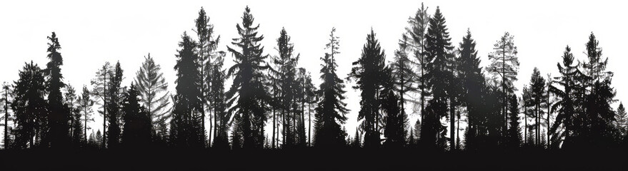 Silhouetted tall trees in a serene forest at dusk, tranquil and mysterious