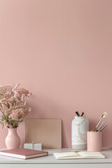 Home office in feminine style. Elegant office workspace with a blush pink color scheme. Generative AI