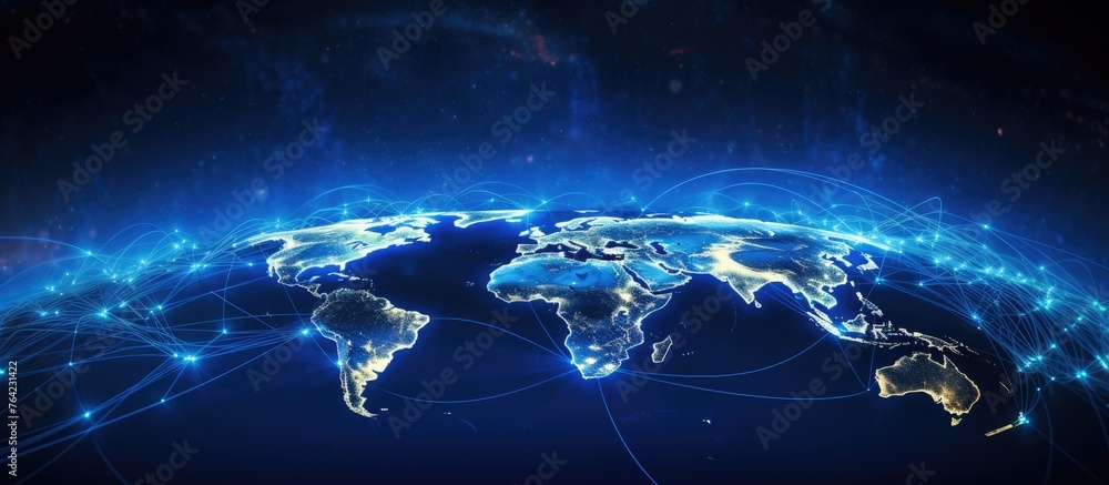 Poster a world map in blue hue featuring intricate connections through lines and points in the center