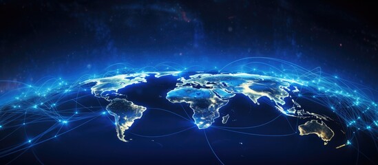 A world map in blue hue featuring intricate connections through lines and points in the center