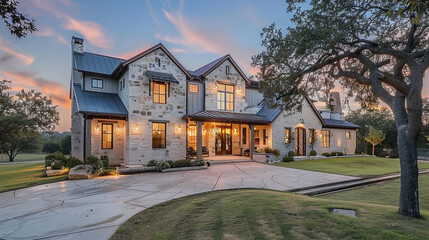 Twilight casts a magical spell on the modern farmhouse luxury home exterior, enhancing its allure...