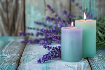 Violet and mint green candles with lavender flowers on background. Generative AI