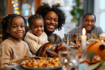 Obraz na płótnie Canvas Family enjoying Thanksgiving dinner with turkey and festive decorations