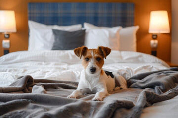 Cute dog lies in bed at pet friendly hotel. Dog relaxes in room on vacation. Generative AI