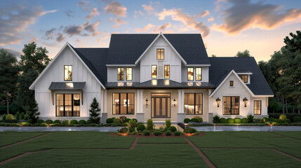 Twilight casts a mesmerizing glow on the modern farmhouse luxury home exterior, accentuating its beauty and charm. --ar 16:9 --v 6.0 - Image #2 @Zubi