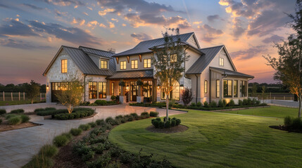 Twilight casts a mesmerizing glow on the modern farmhouse luxury home exterior, accentuating its beauty and charm. --ar 16:9 --v 6.0 - Image #1 @Zubi