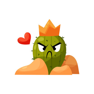 Cactus in flat style. The character of an offended cactus wearing a crown with a heart. Prickly plant.