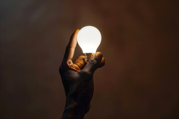 Human hand holding a glowing LED light bulb against a warm backdrop