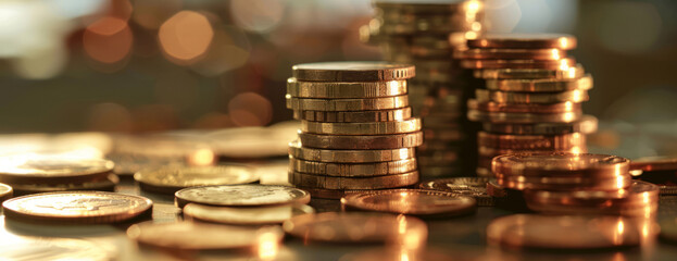Close-up of stacked coins, concept of investment and saving - obrazy, fototapety, plakaty