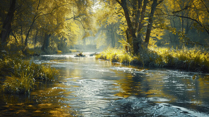 Sunlit river with lush trees in spring - a tranquil nature scene