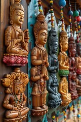 Fototapeta premium Wooden Buddha figurines lined up in a row on a wall
