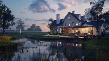 Twilight envelops the modern farmhouse luxury home exterior, creating a sense of peace and tranquility in its serene surroundings. --ar 16:9 --v 6.0 - Image #2 @Zubi