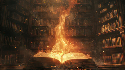 A magic book with fire in an ancient library. - obrazy, fototapety, plakaty