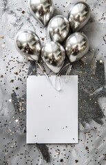 Silver balloons with glitter decoration. Template for birthday greeting card. Empty copyspace for your text