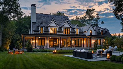 Twilight paints a serene backdrop for the modern farmhouse luxury home exterior, creating an enchanting ambiance. --ar 16:9 --v 6.0 - Image #2 @Zubi
