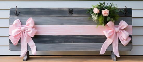 An up-close view of a bench decorated with a pair of pink bows and vibrant flowers