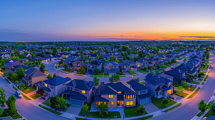 Aerial view of a lush suburban neighborhood, showcasing residential homes and green landscapes